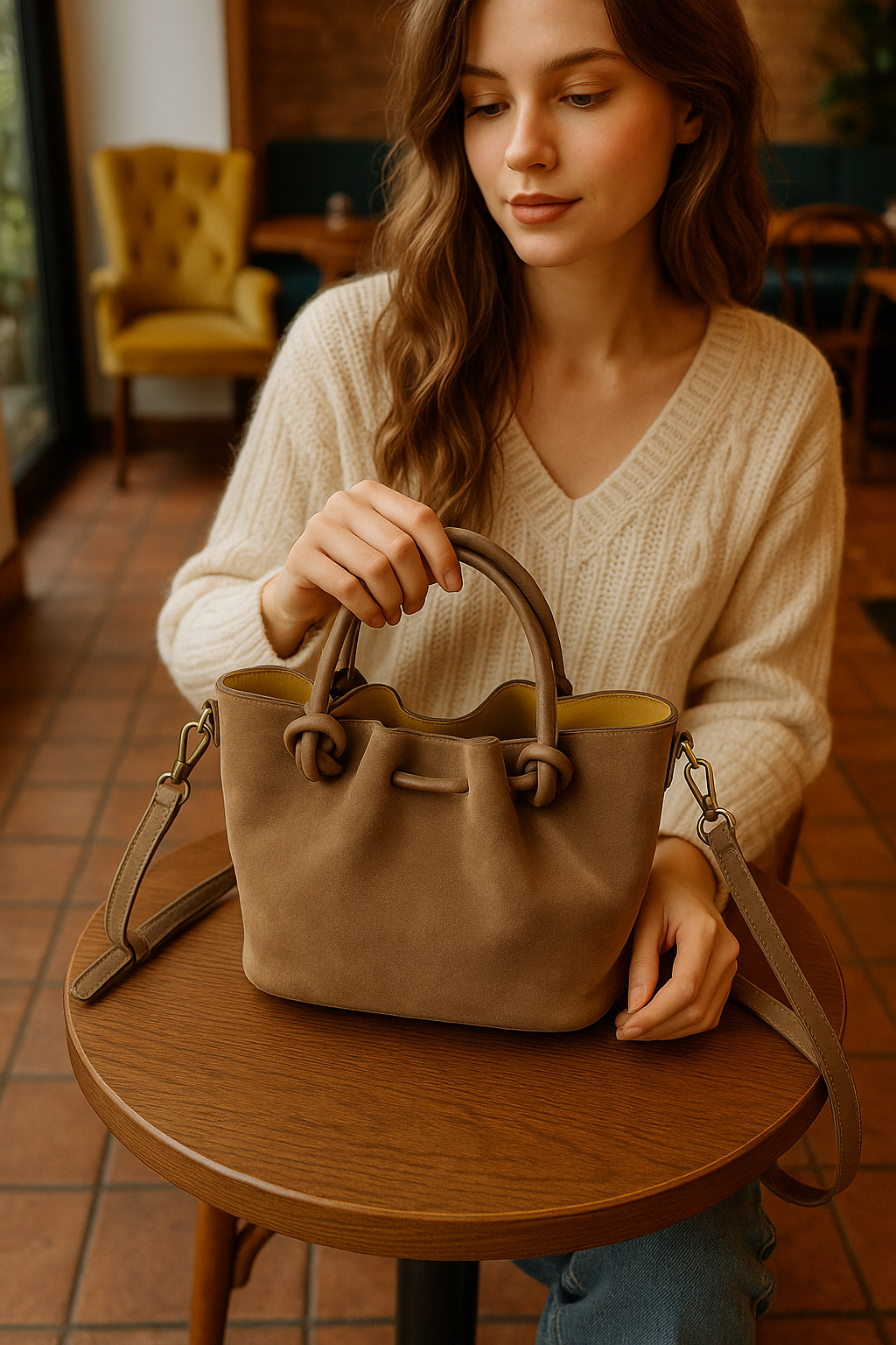 Sac seau en cuir italien avec poignées nouées et fermeture éclair centrale par Modex™