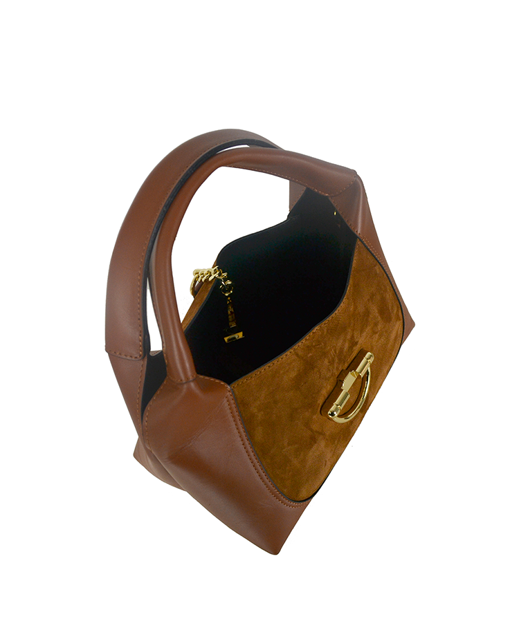 Suede-Panel Top-Handle Bag — Removable Leather Strap