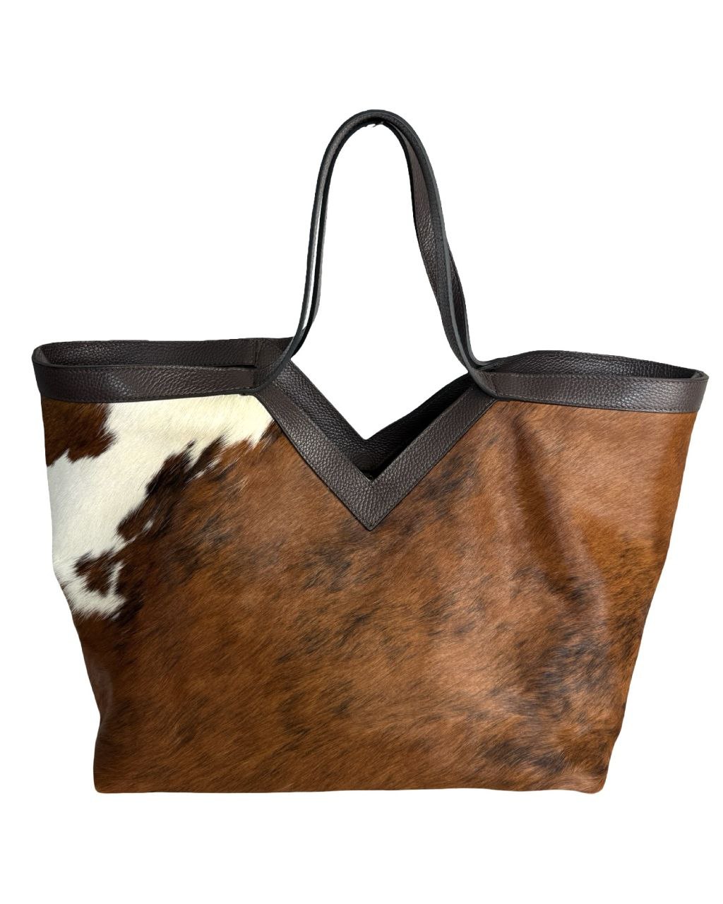 Sac fourre-tout en peau de poney à imprimé vache — Garniture en cuir marron foncé