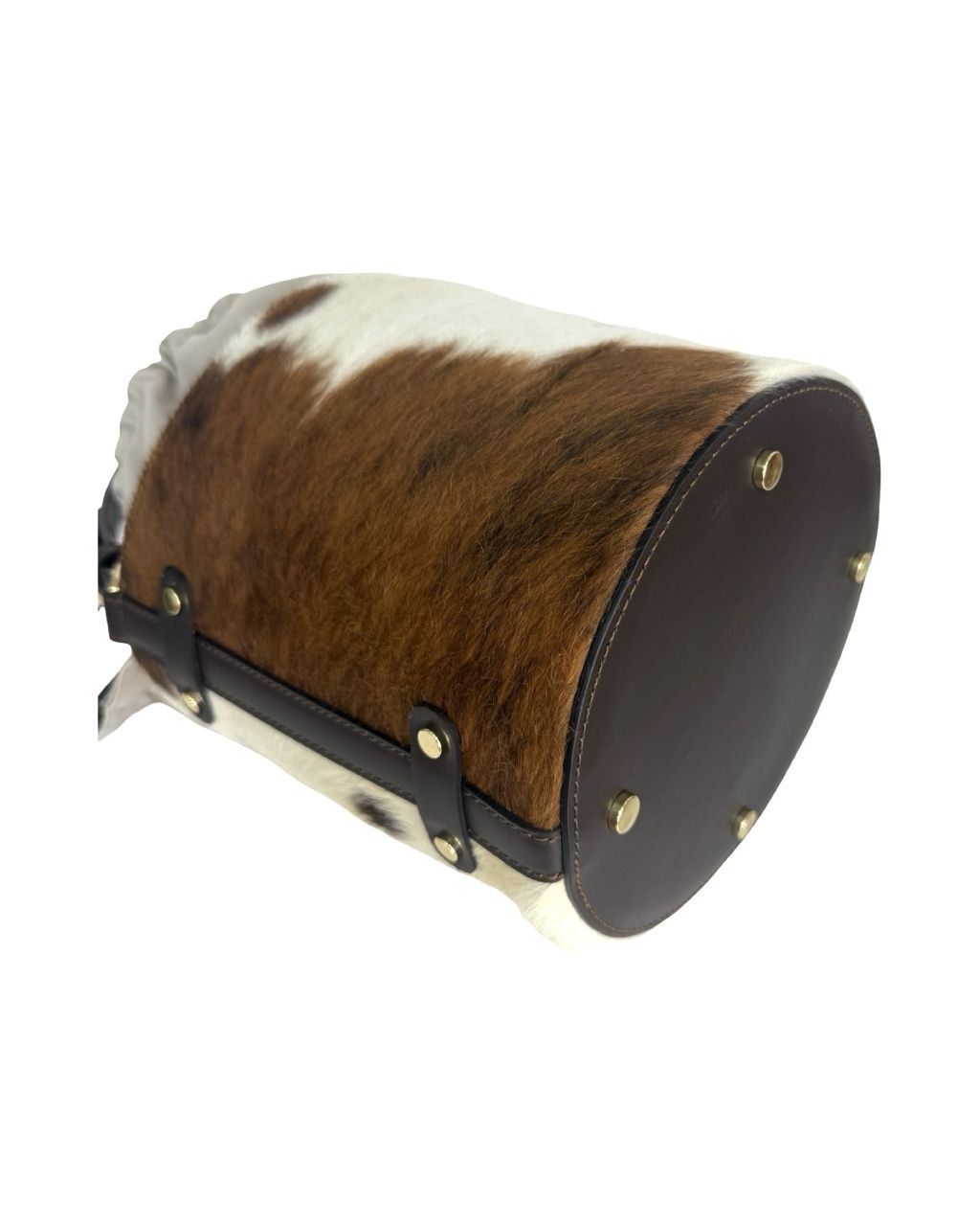 Sac seau en peau de poney à imprimé vache — Garniture en cuir marron foncé