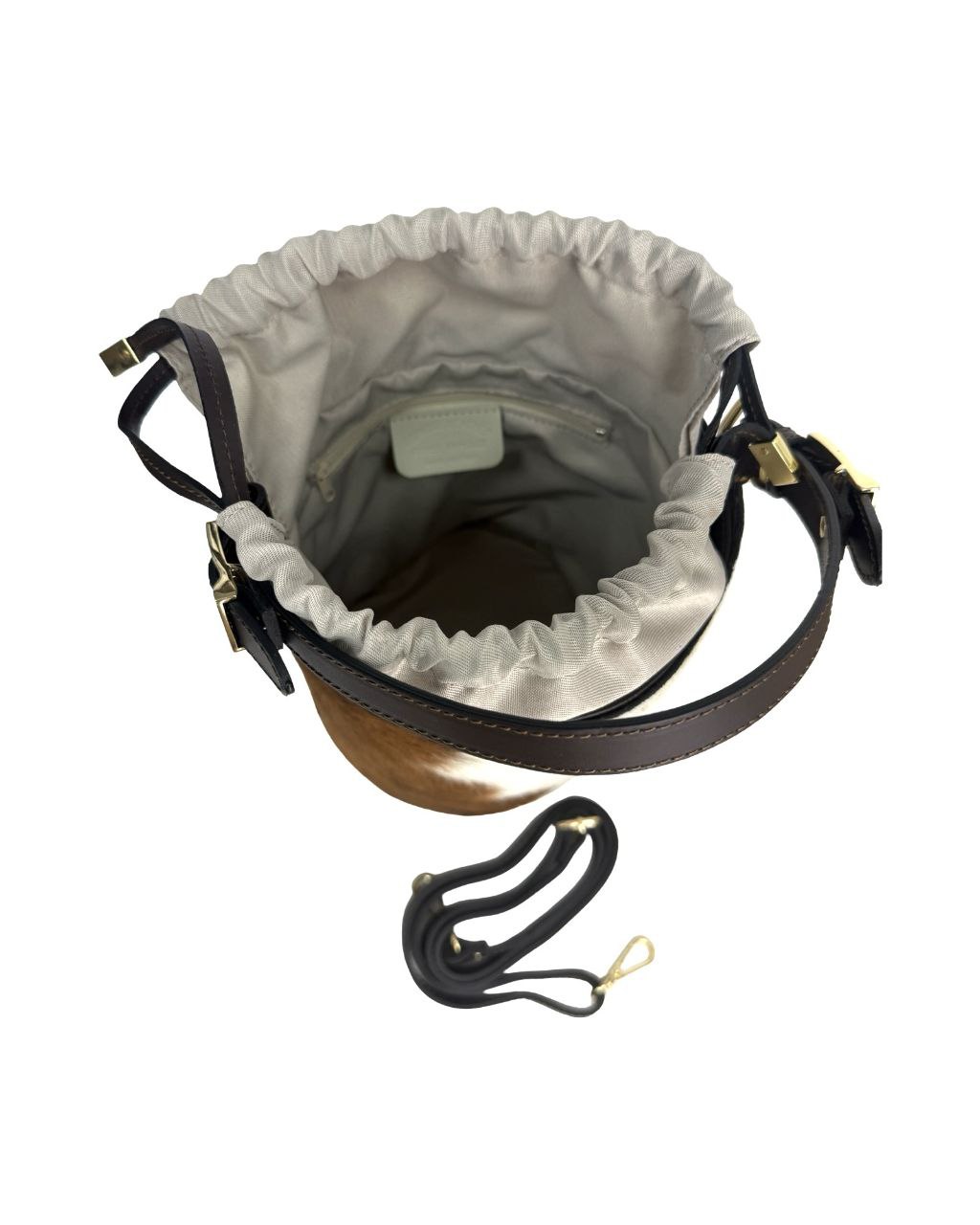Sac seau en peau de poney à imprimé vache — Garniture en cuir marron foncé