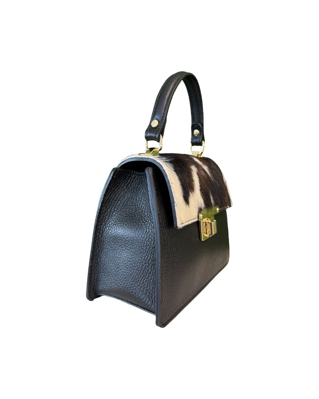 Mini sac à main imprimé vache — Rabat à poils et cuir noir