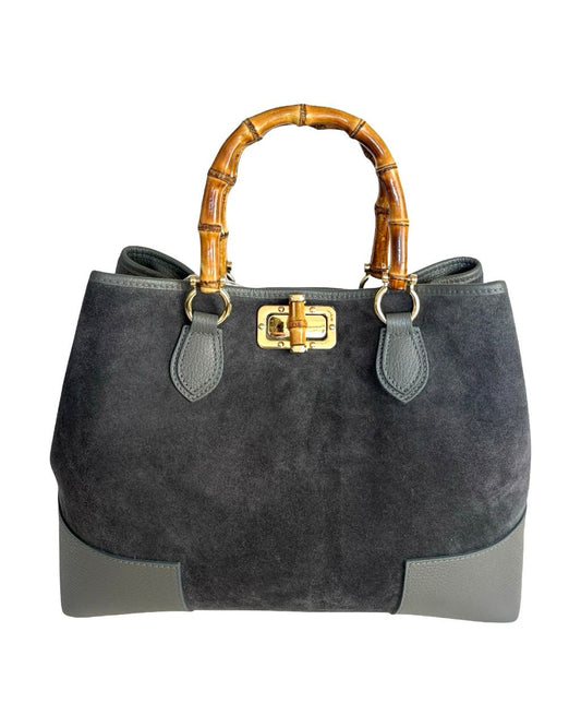 Sac à poignée supérieure en daim — Poignée en bambou