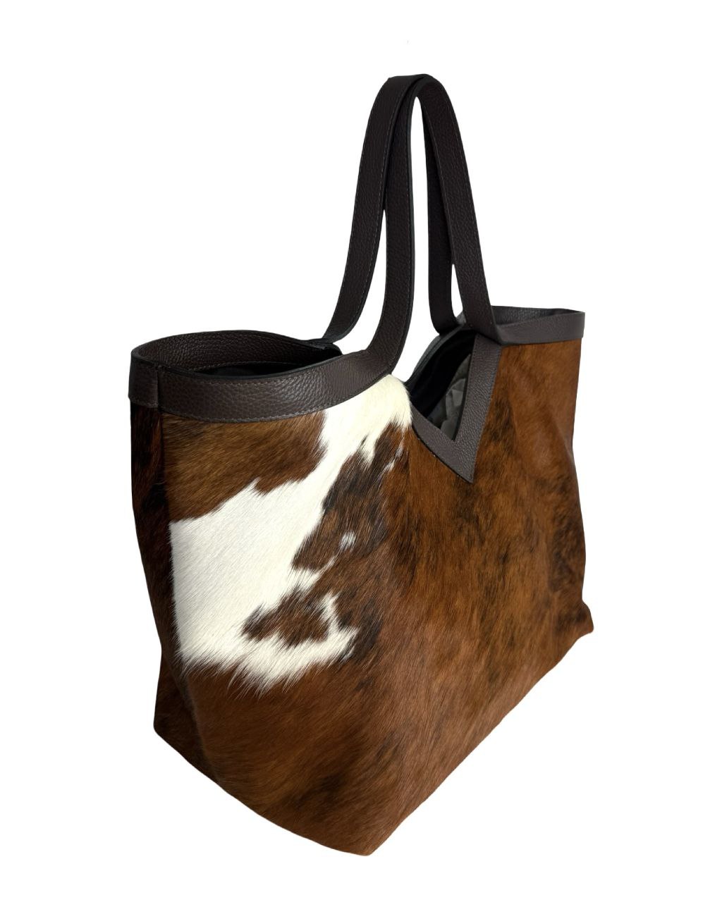 Sac fourre-tout en peau de poney à imprimé vache — Garniture en cuir marron foncé