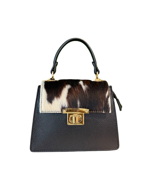 Mini sac à main imprimé vache — Rabat à poils et cuir noir