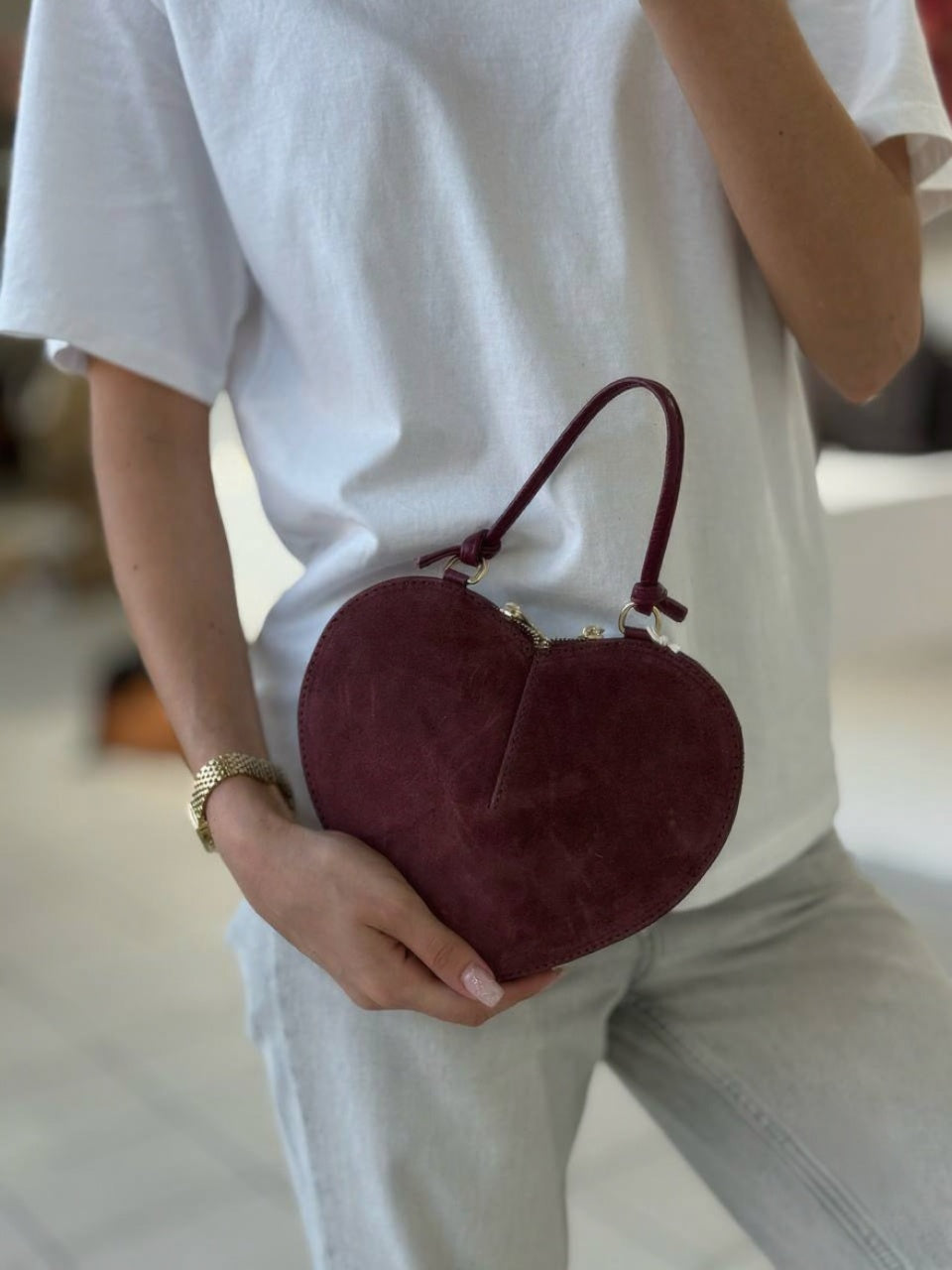 Mini sac en daim en forme de cœur