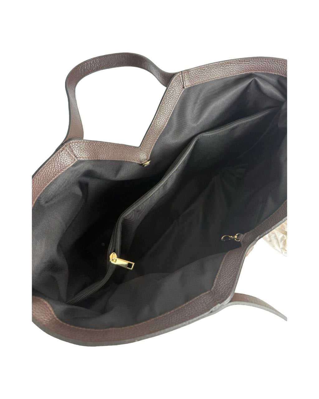 Sac fourre-tout en peau de poney à imprimé vache — Garniture en cuir marron foncé