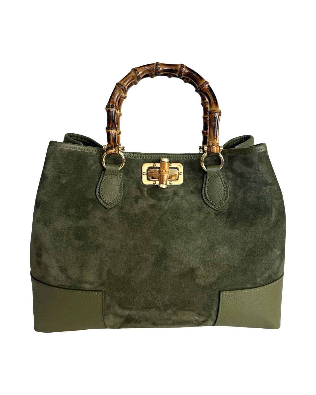 Sac à poignée supérieure en daim — Poignée en bambou