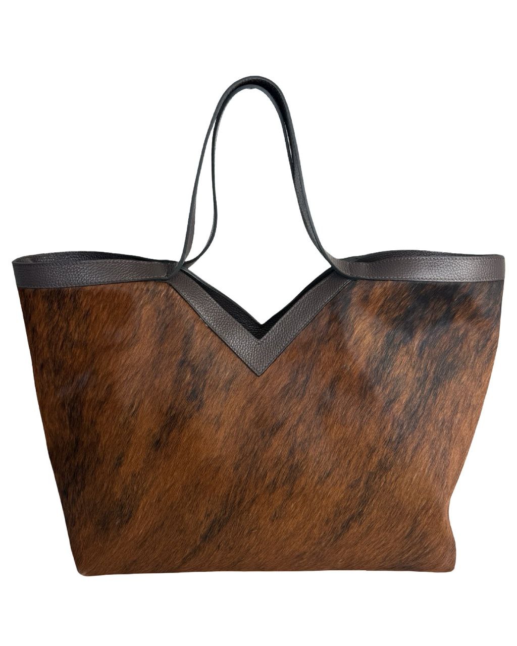 Sac fourre-tout en peau de poney à imprimé vache — Garniture en cuir marron foncé