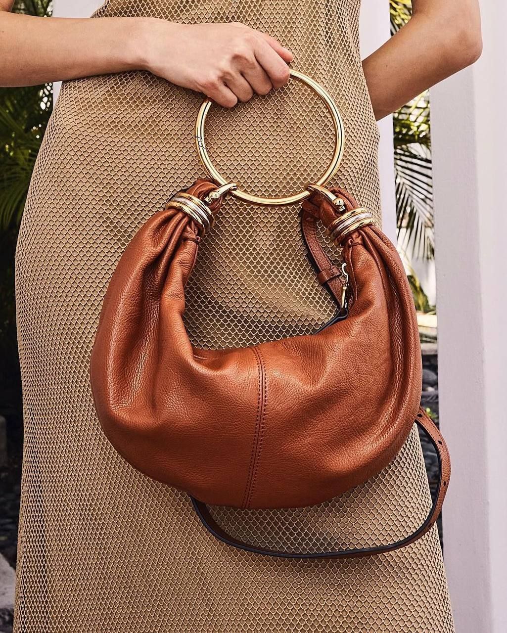 Leather Shoulder Bag with Gold Ring Detail