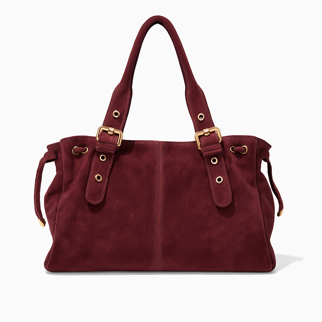 Suede Shoulder Tote with Buckle Straps — Genuine Leather