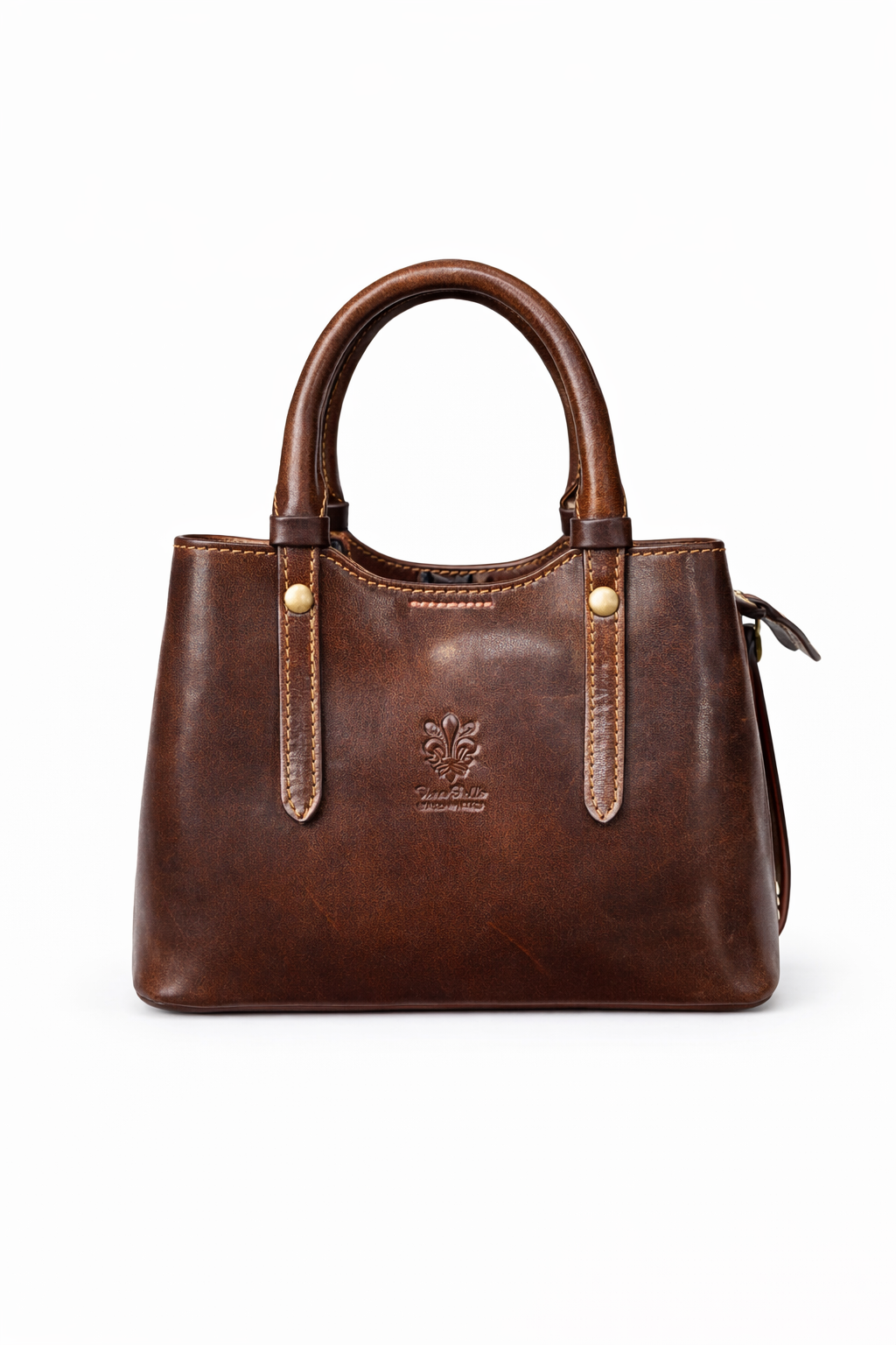 Structured Leather Top Handle Bag with Zip Closure and Shoulder Strap