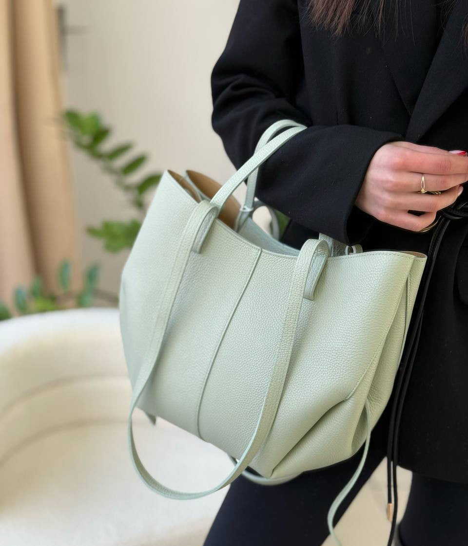 Leather Tote Bag with Removable Pouch