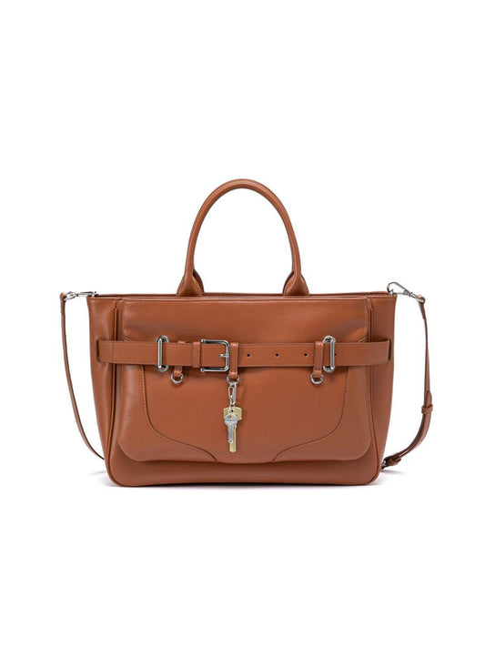 Structured Leather Handbag with Front Belt