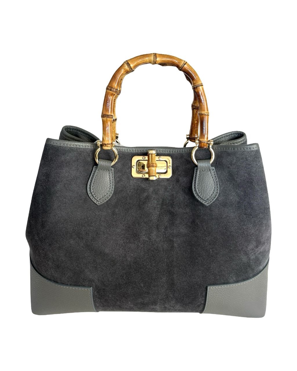 Sac à poignée supérieure en daim — Poignée en bambou
