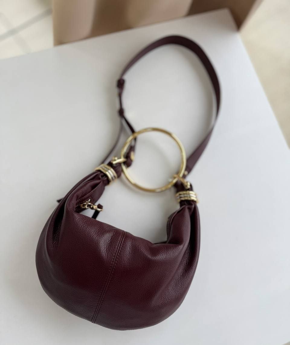 Leather Shoulder Bag with Gold Ring Detail