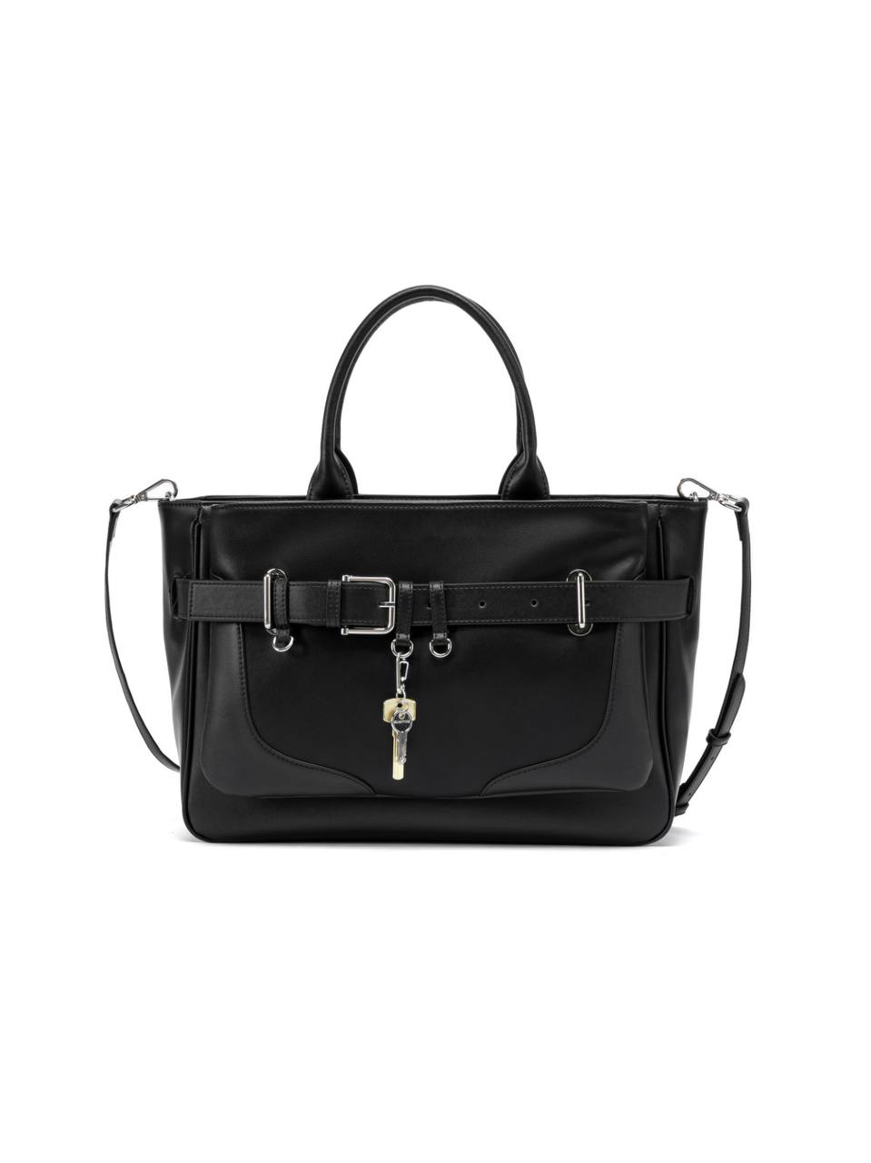 Structured Leather Handbag with Front Belt