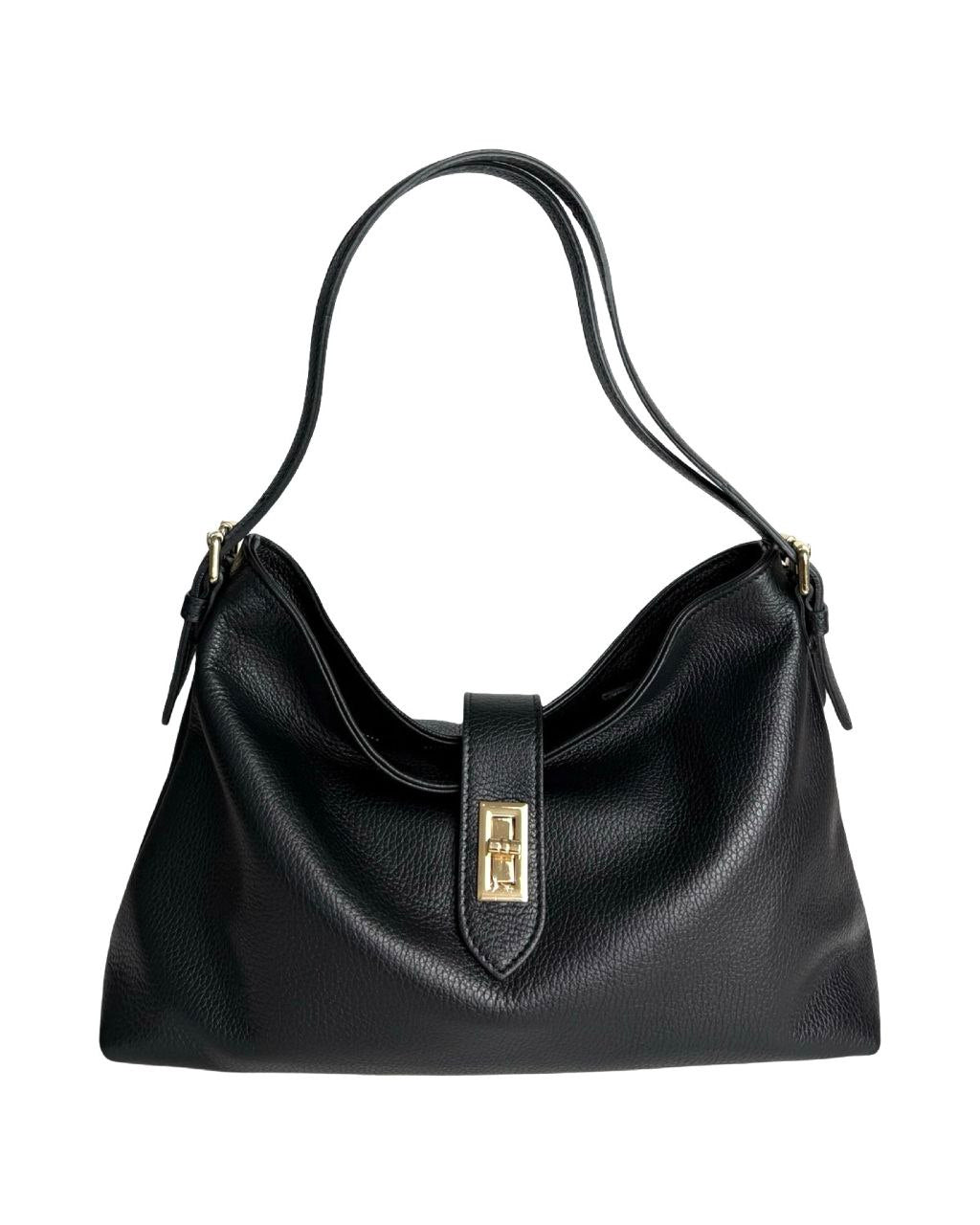 Leather Shoulder Bag with Zip Closure & Detachable Strap