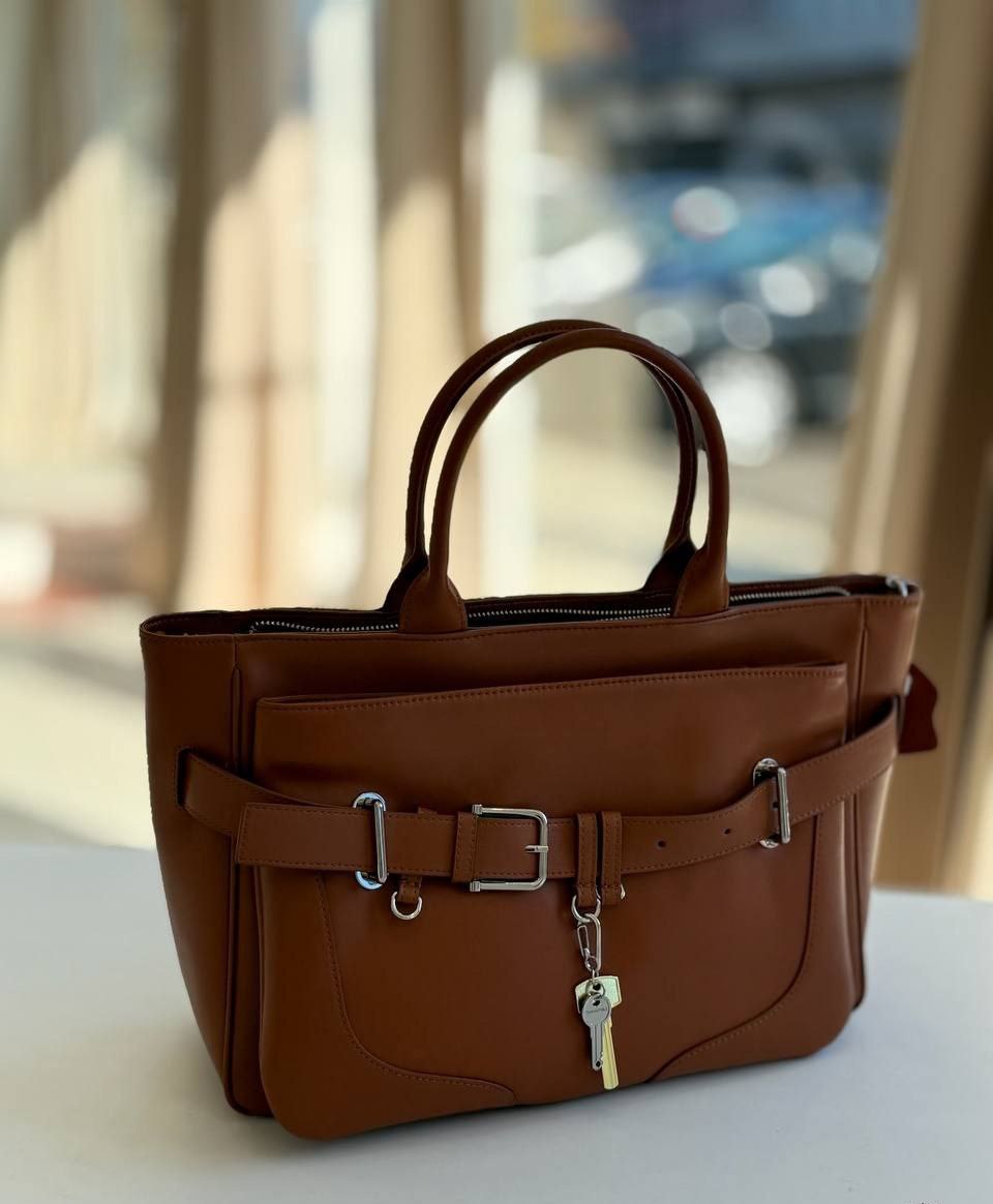 Structured Leather Handbag with Front Belt