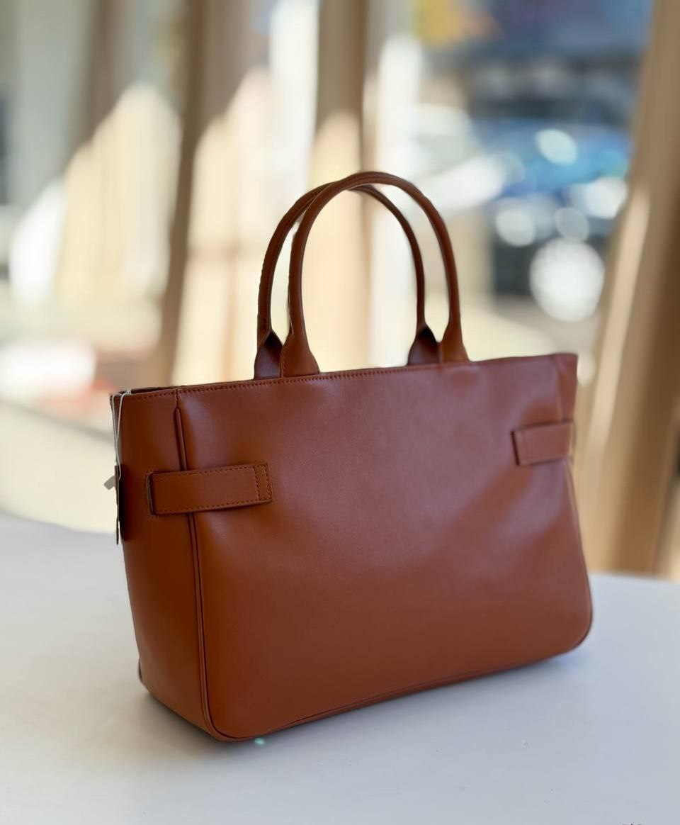 Structured Leather Handbag with Front Belt