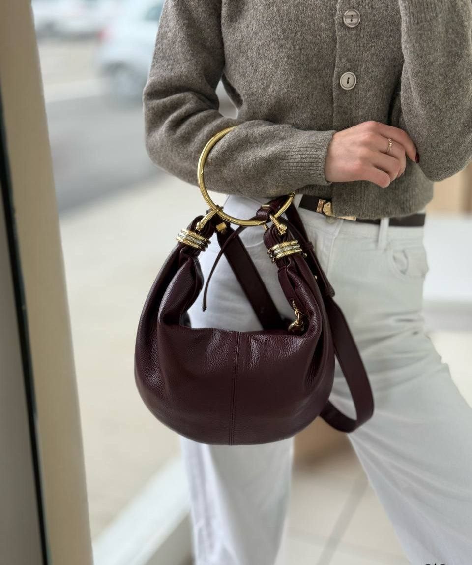 Leather Shoulder Bag with Gold Ring Detail