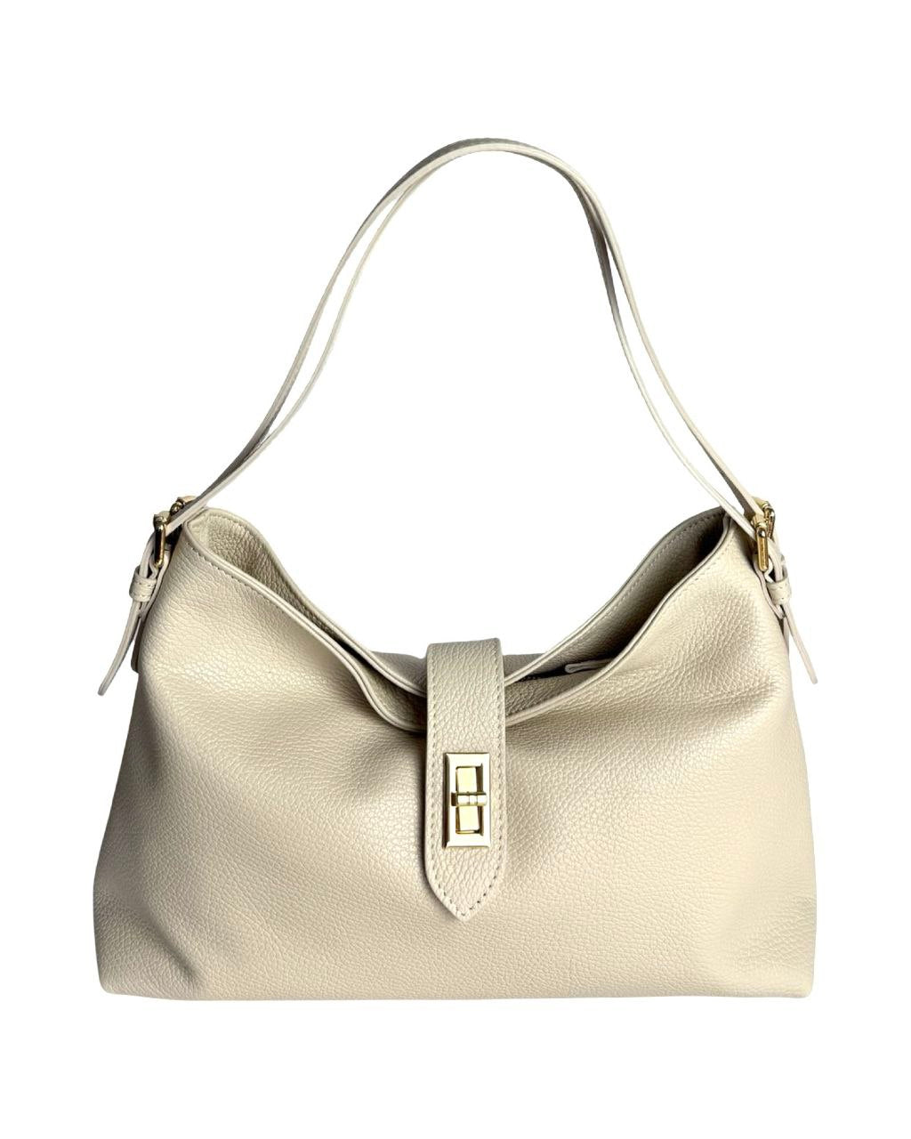 Leather Shoulder Bag with Zip Closure & Detachable Strap